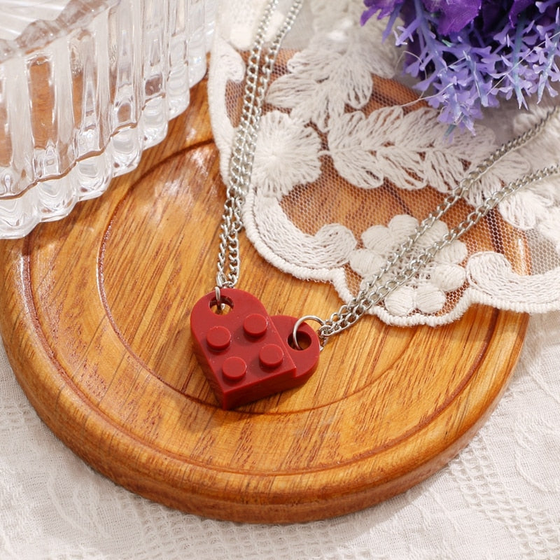 Punk 2Pcs Heart Brick Couples Love Necklace