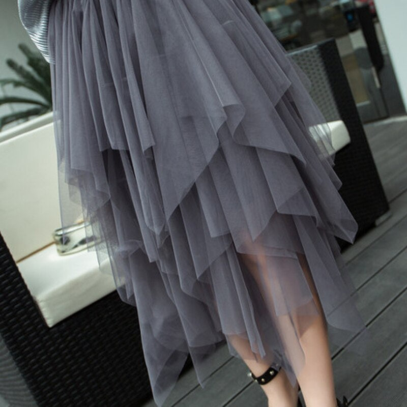 Tulle Skirts Womens Irregular Fashion Elastic High Waist Mesh Tutu Skirt