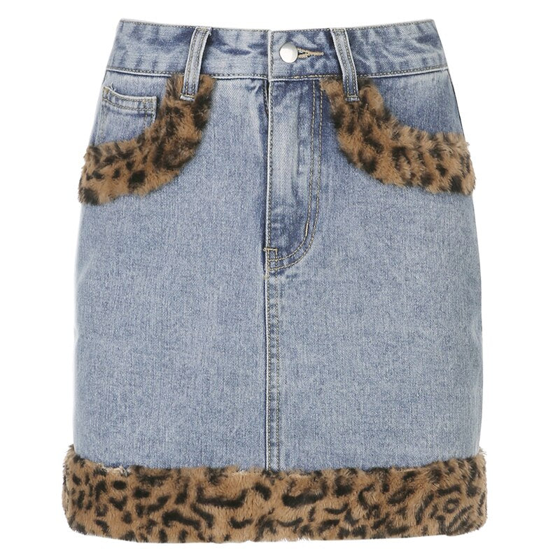 Streetwear Faux Fur Leopard Print Denim Skirt Mini Fashion Vintage