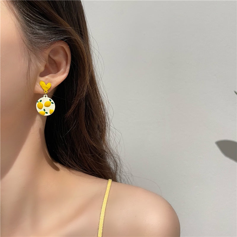 Yellow Lemon Earrings Design Peach Heart Love Sweet Girl Earrings