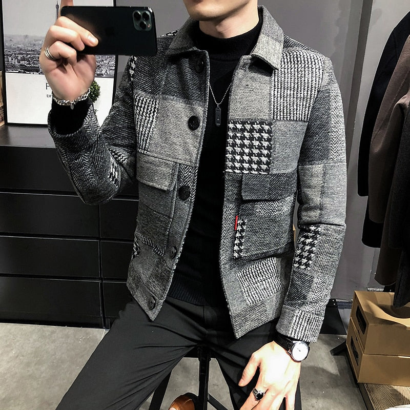 Winter Men Casual Lapel Hoodless Jacket Slim Plaid Woolen Coat