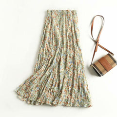 BOHO Green Floral print Rayon Wrinkle Long Skirt Elastic High Waist