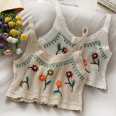 vintage embroidery crop tops camis for women floral print sleeveless