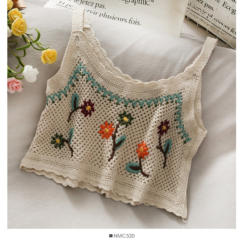 vintage embroidery crop tops camis for women floral print sleeveless