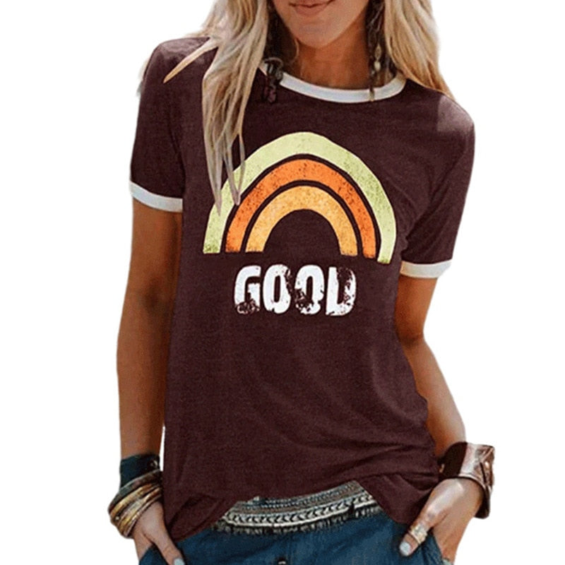 Rainbow Print Short Sleeve O-neck T-shirt   Cotton Tee Shirt