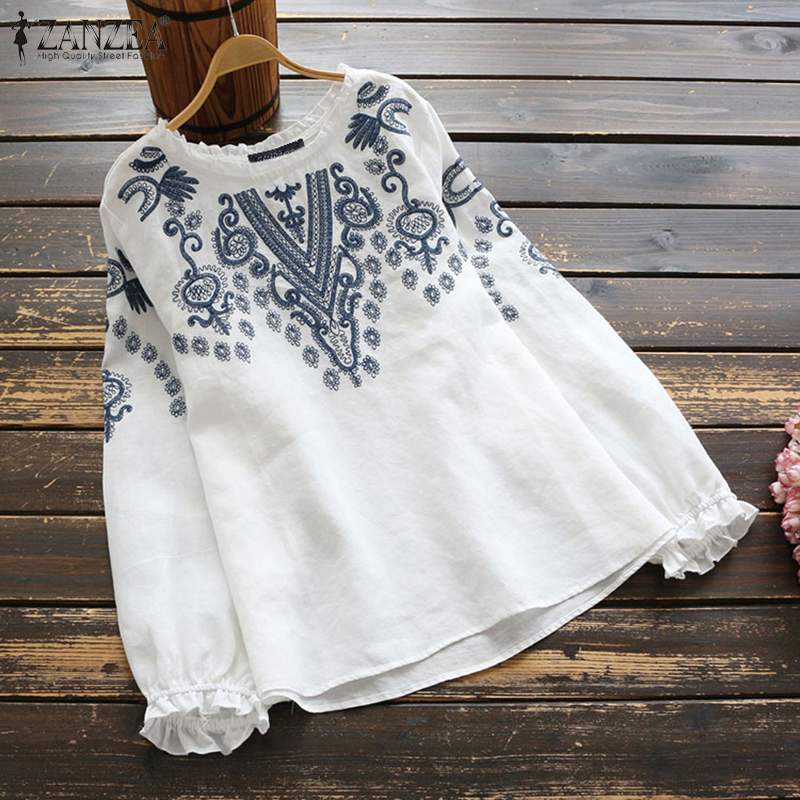 Vintage Cotton Linen Blouse Spring Long Sleeve Ruffles Tops