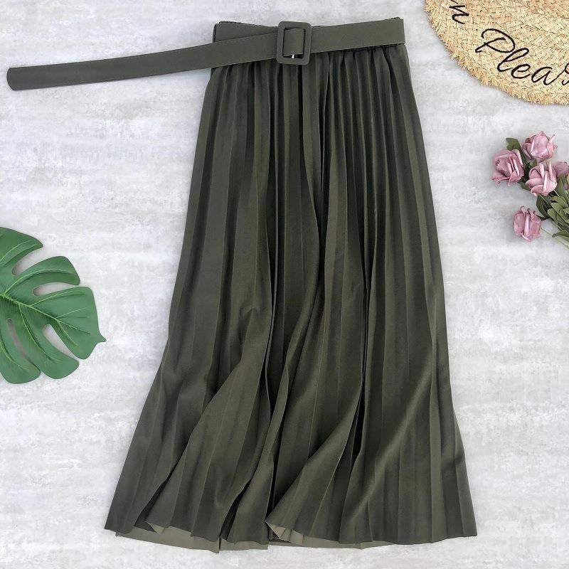 High Waist Women Skirt Casual Vintage Solid Belted Pleated Midi Skirts