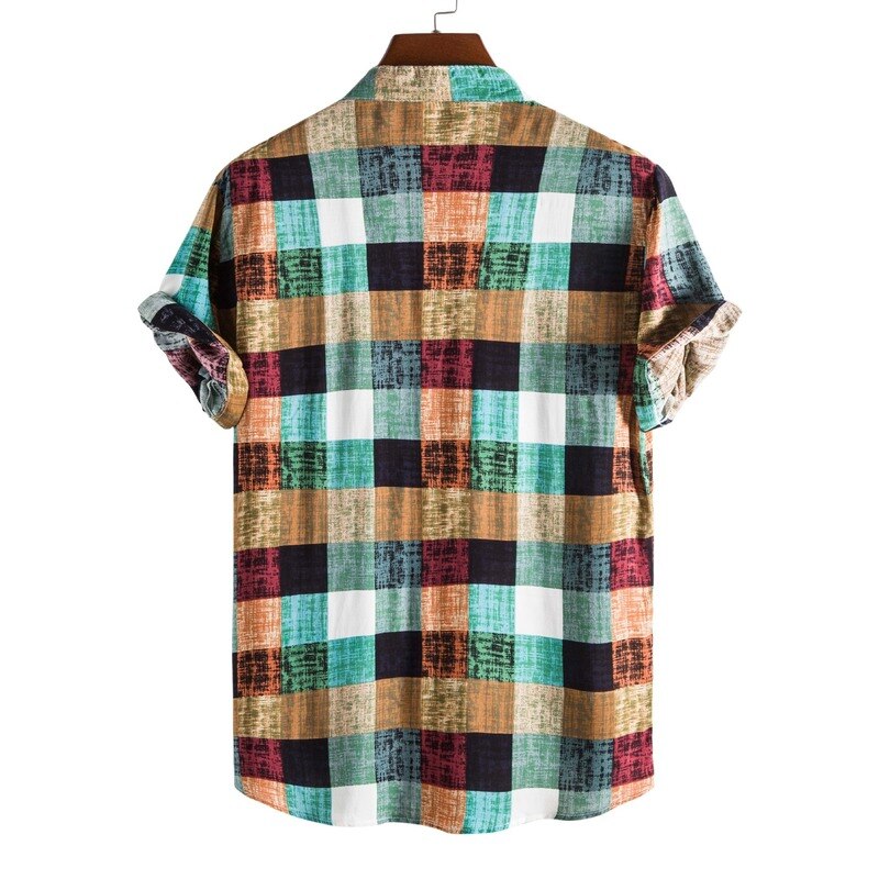 Men Fashion Color Plaid Print Stand-up Collar Short-sleeved Shirt