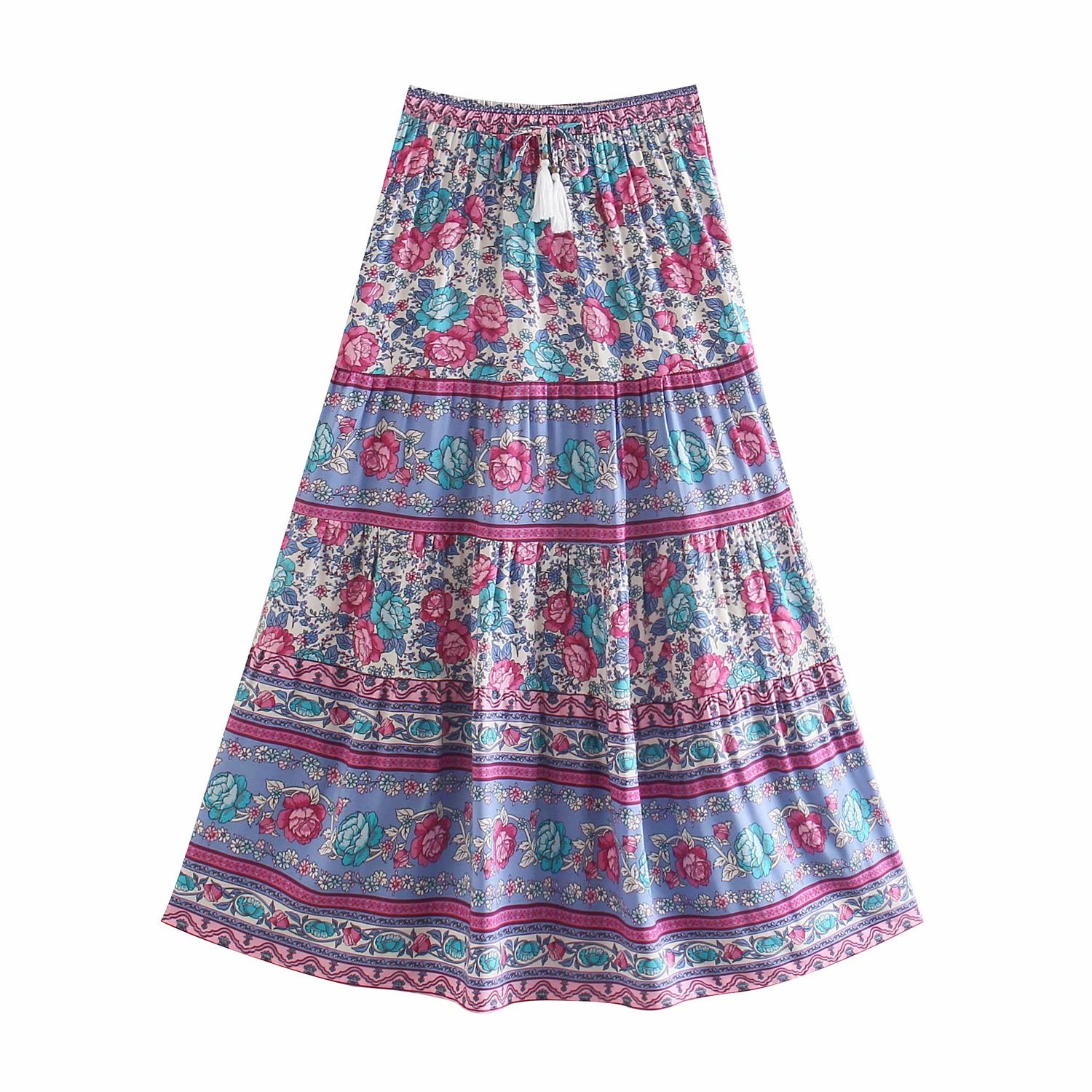 Bohemian Floral Print Skirts Elastic Waist Ruffle Midi Skirt Vintage