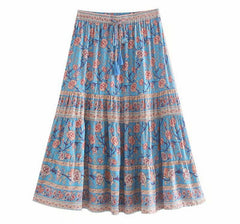 Bohemian Stream Flower Print Long Skirt Stitching Ruched Ruffle Hem