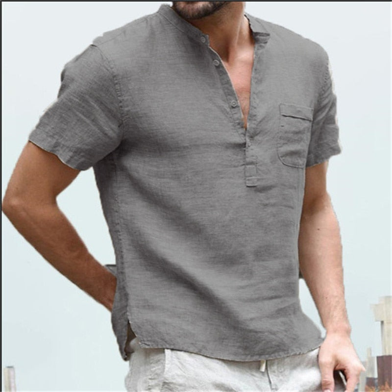 Men T-shirt V-neck single breasted design Casual Linen Breathable Shirt