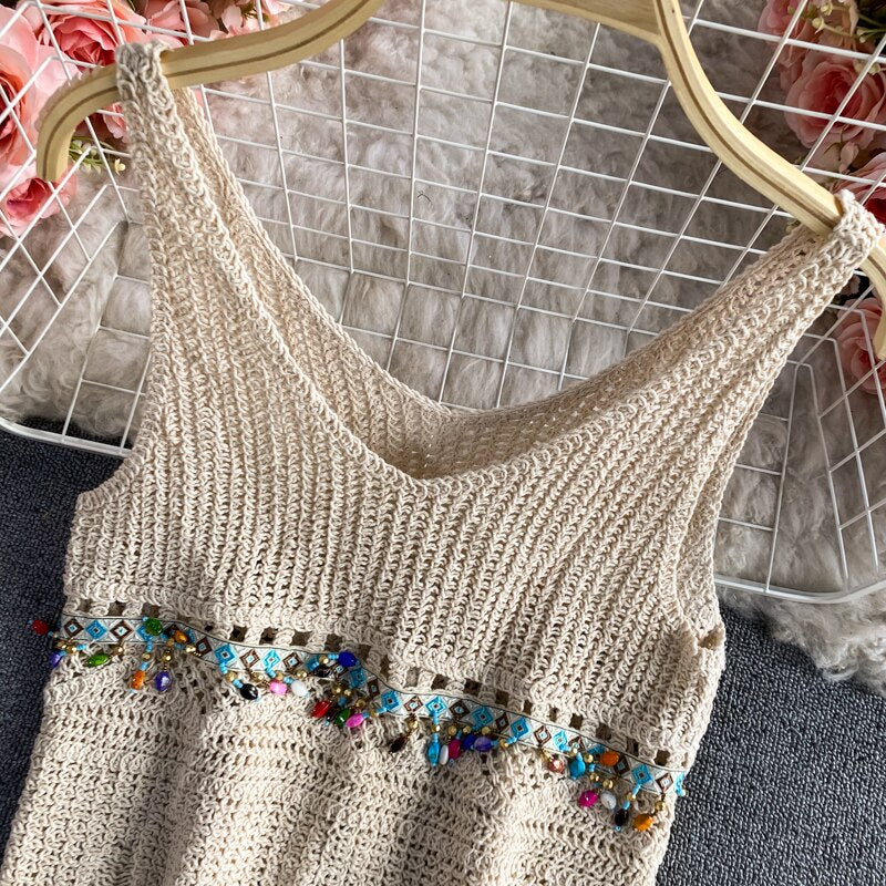 Hollow crochet flowers crop tops sexy V neck knitted camis