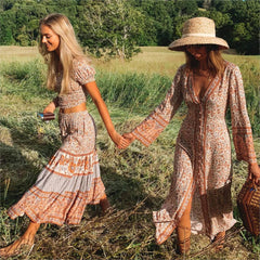 V-neck Long Flared Sleeves Dress Boho Hippie Chic Maxi Dress Vestidos