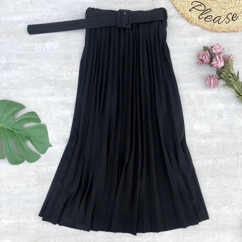 High Waist Women Skirt Casual Vintage Solid Belted Pleated Midi Skirts