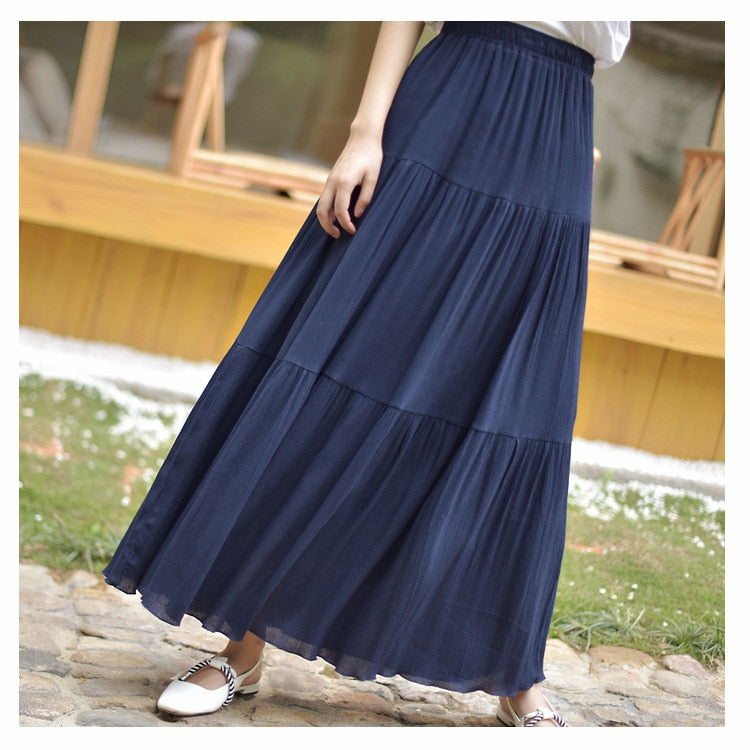 White Long Skirt High Waist Stretch Cotton And Linen Skirts