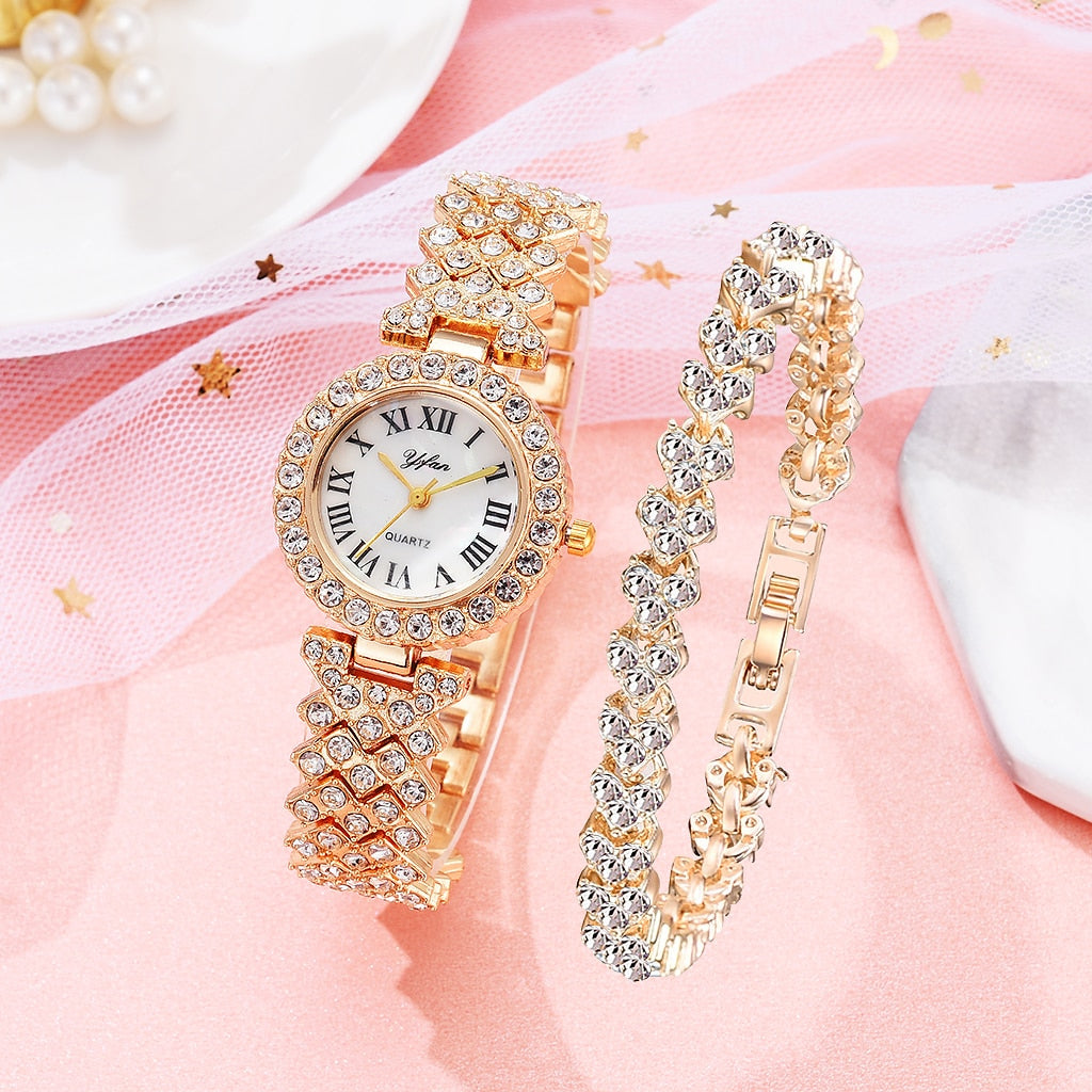 Rose Gold Watch Fashion Ladies Quartz Diamond Wristwatch Elegant