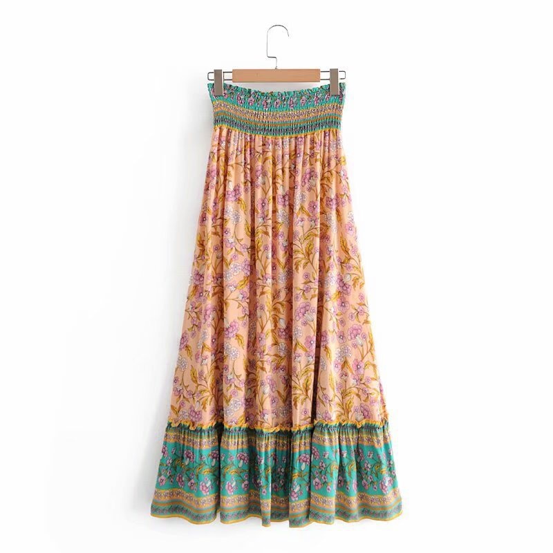 Floral Print Holiday Long Skirt Bohemia Ruffles Maxi Long Skirts