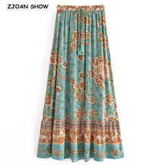 Bohemia Floral Print Long Skirt Spliced Ruched Ruffle Hem Hippie