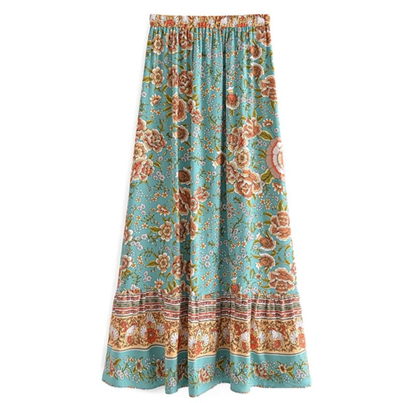 Bohemia Floral Print Long Skirt Spliced Ruched Ruffle Hem Hippie