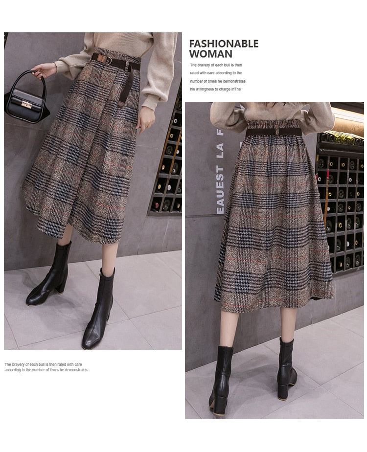 Warm Midi Long Skirt Women Style Irregular Plaid Mid-Length High Waist Skirt