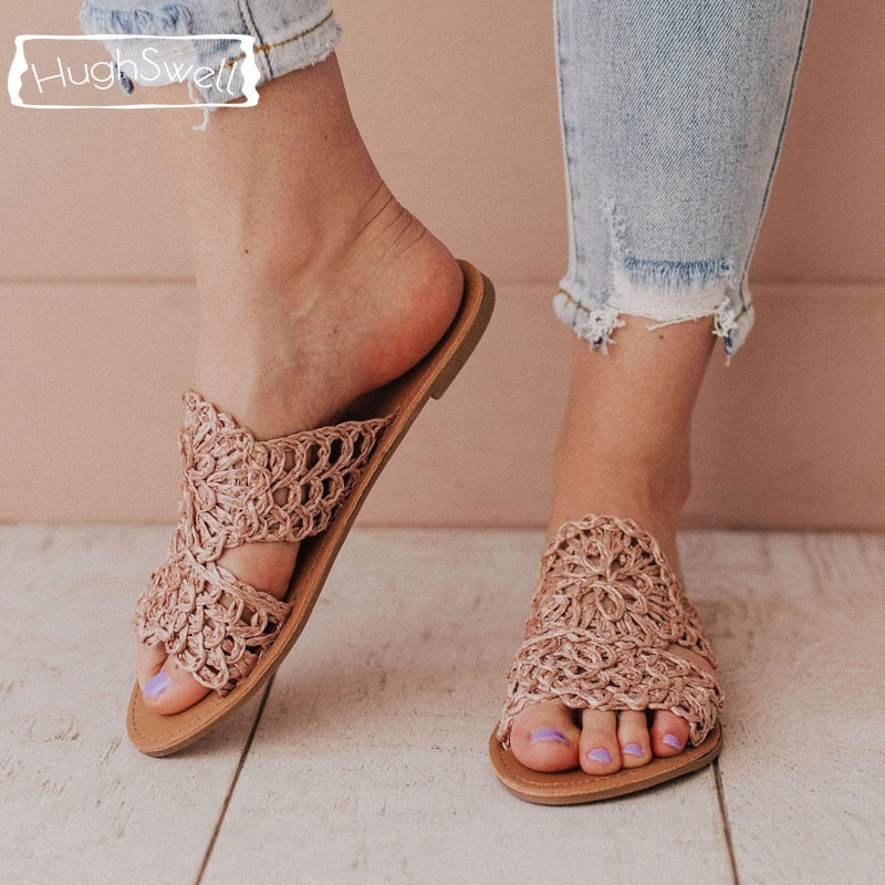 Summer Crochet Sandals Women knitted Flower Slides