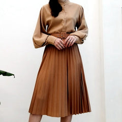 High Waist Women Skirt Casual Vintage Solid Belted Pleated Midi Skirts