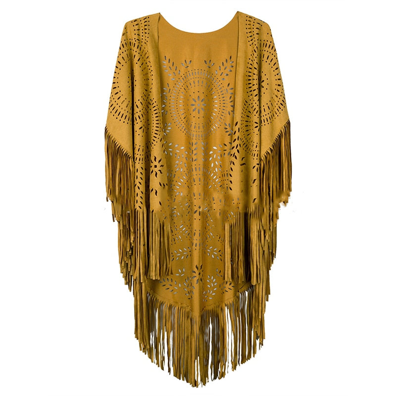 Sexy Beach Cover Up Summer Camel Suede Floral Hollow Out