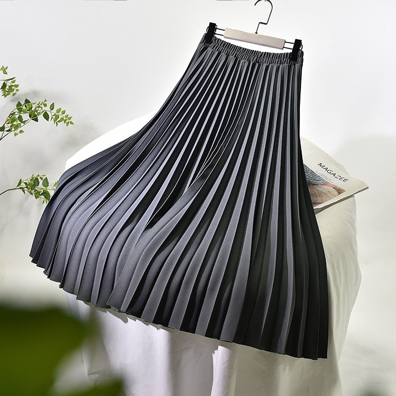 Women A-Line Spring Pleated Skirt Elegant Stretch High Waist Long Skirt