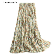 BOHO Green Floral print Rayon Wrinkle Long Skirt Elastic High Waist