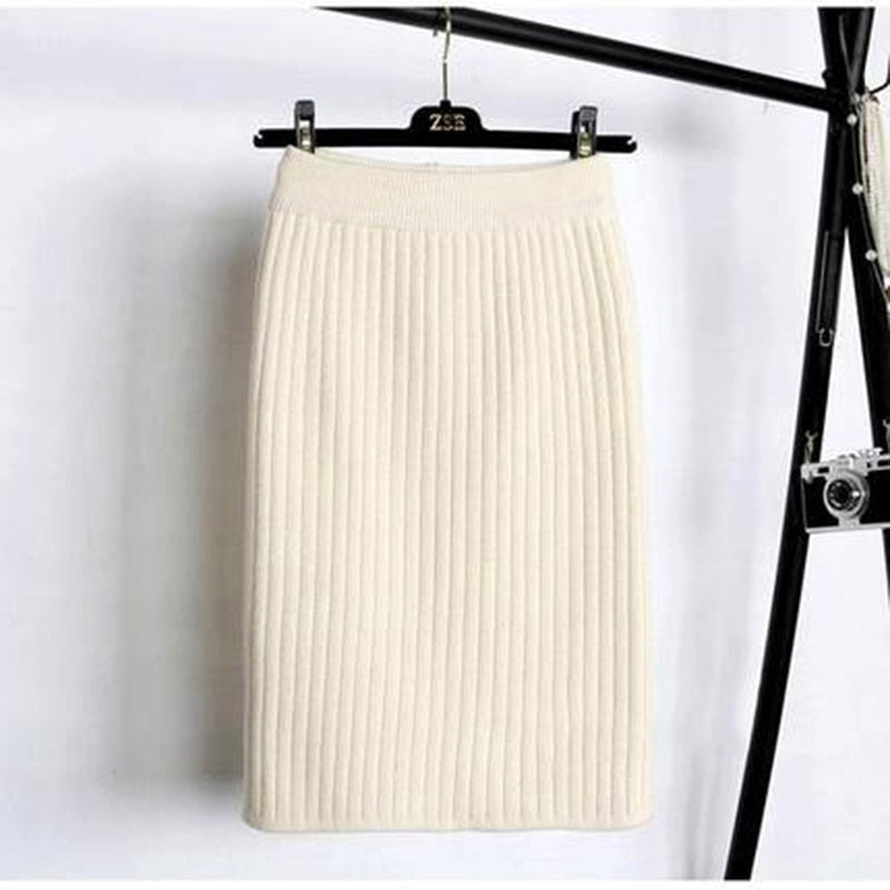 Knit Pencil Skirt Women High Waist Elastic Skirts