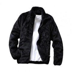 Men Coat Zipper Side Pockets Fleece Double Jacket Stand Collar Warm Jacket