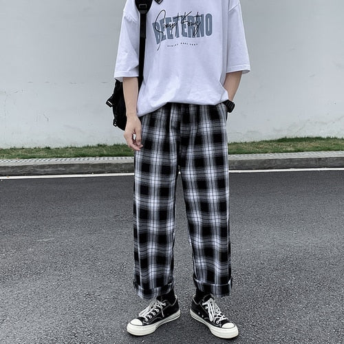 Men Casual Pants Plaid Ankle Length Loose Wide Leg Elastic Waist Trousers