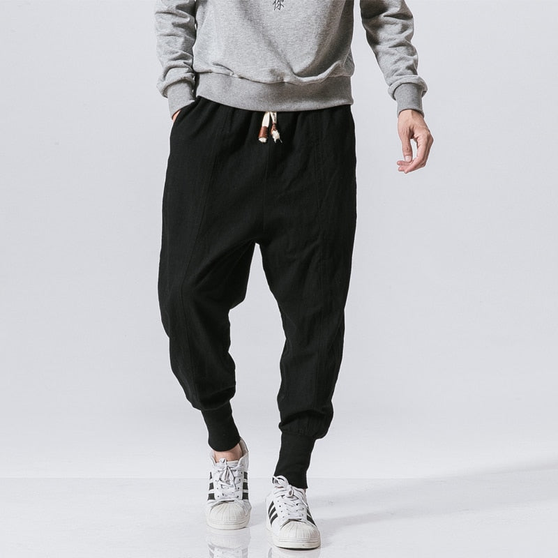 Men Linen Pants Streetwear Casual Joggers Elastic Waist Trouser