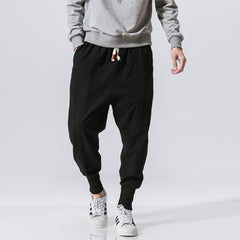 Men Linen Pants Streetwear Casual Joggers Elastic Waist Trouser