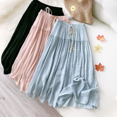 Linen Cotton Pleated Skirt Women Elastic High Waist Long Skirts