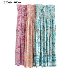 Bohemia Spliced Floral Bird Print Hem Slit Midi Long Skirt