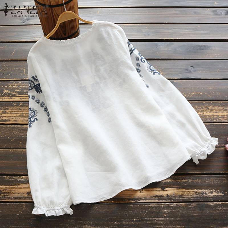 Vintage Cotton Linen Blouse Spring Long Sleeve Ruffles Tops