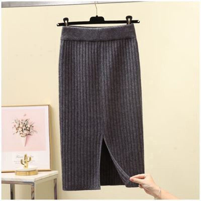 Knit Pencil Skirt Women High Waist Elastic Skirts