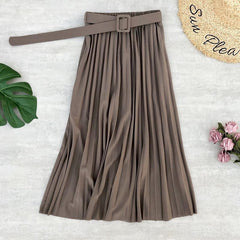 High Waist Women Skirt Casual Vintage Solid Belted Pleated Midi Skirts