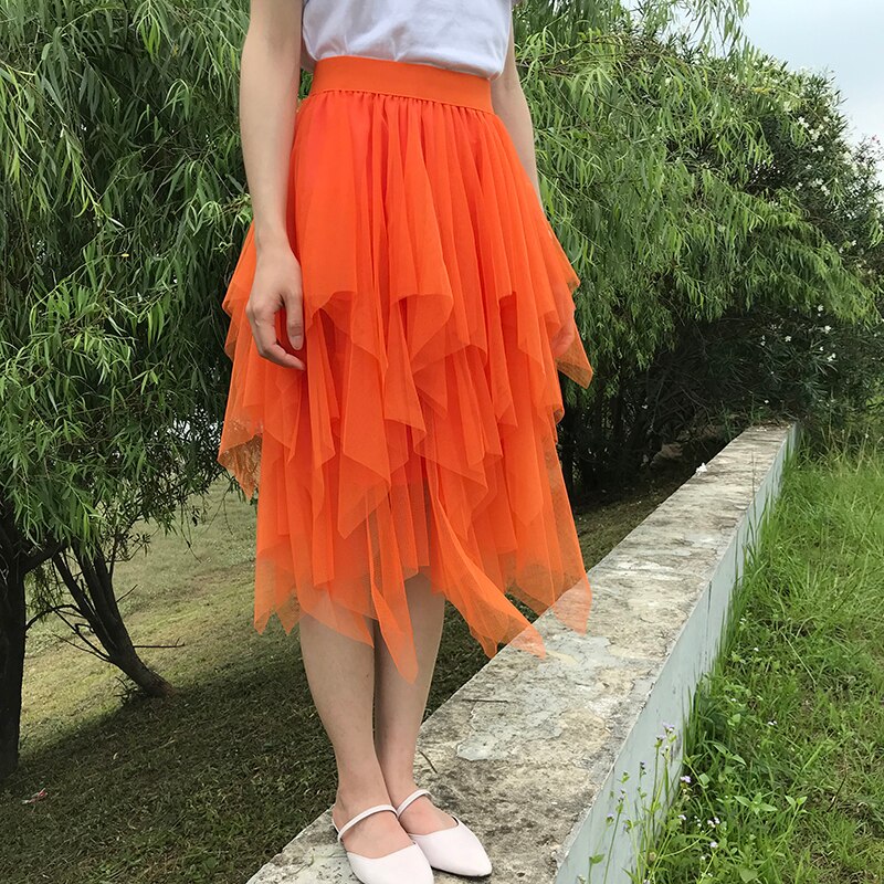 Tulle Skirts Womens Irregular Fashion Elastic High Waist Mesh Tutu Skirt