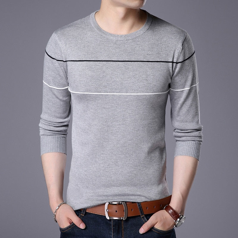 Men Knitted Sweater Comfy O Neck Long Sleeve Pullover Stripe Jumper Bottoming Shirt