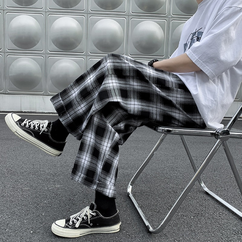 Men Casual Pants Plaid Ankle Length Loose Wide Leg Elastic Waist Trousers