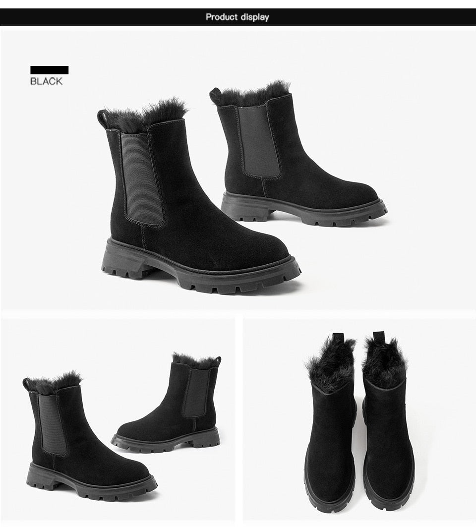 Chelsea Boots Women Suede Leather Snow Boots Warm Fur Round Toe Ladies