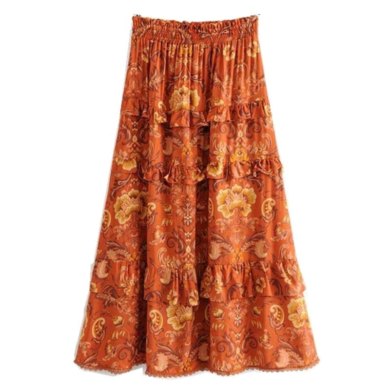 Bohemian  Women Elastic Waist Wood ears Ruffles Lace Swing Skirts