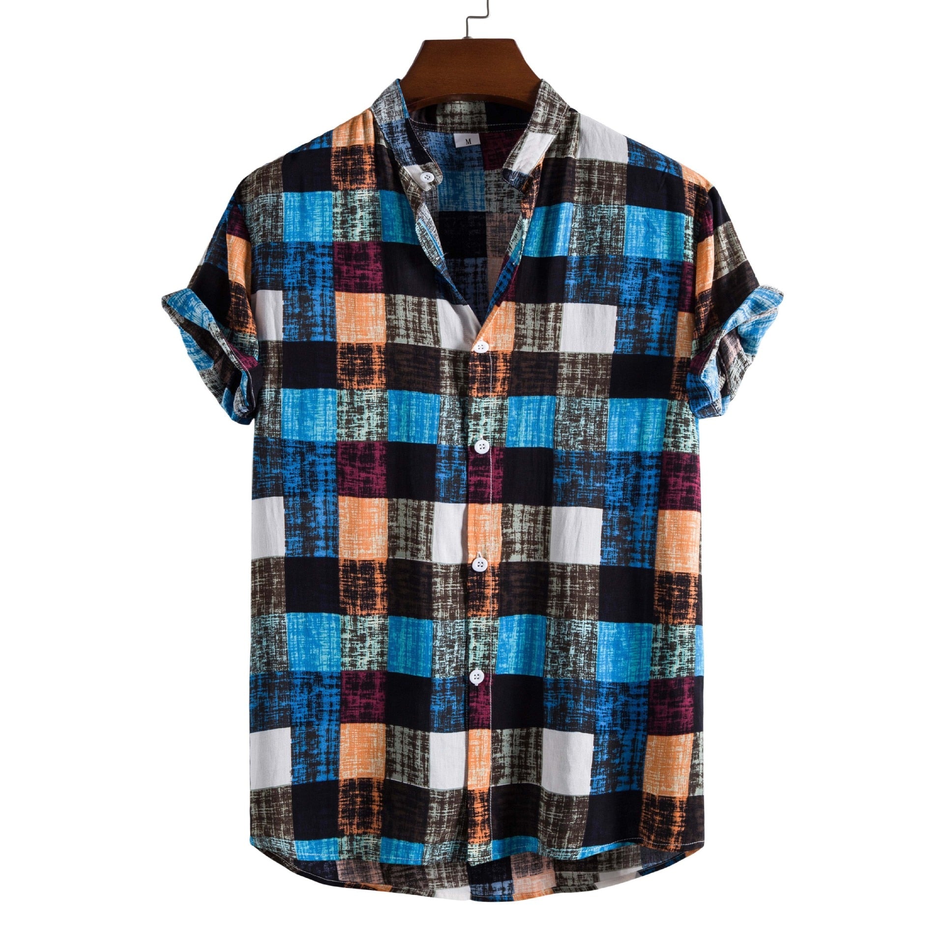 Men Fashion Color Plaid Print Stand-up Collar Short-sleeved Shirt