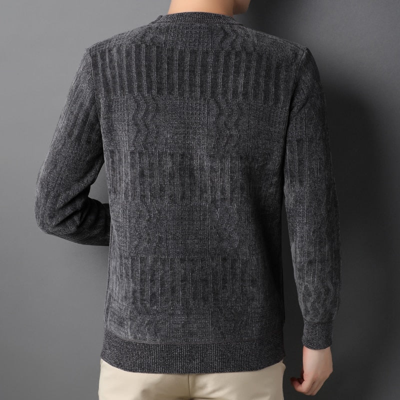 Sweater Men Winter Fleece Thick Warm Pullovers Slim Fit Striped Knitted Sweater