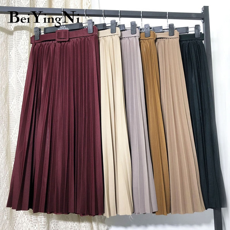 High Waist Women Skirt Casual Vintage Solid Belted Pleated Midi Skirts