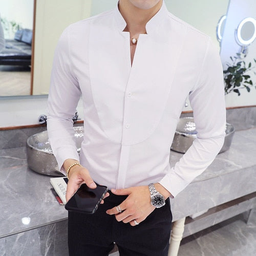 Men Business Shirts Stand Collar Long Sleeve Tops Dresses