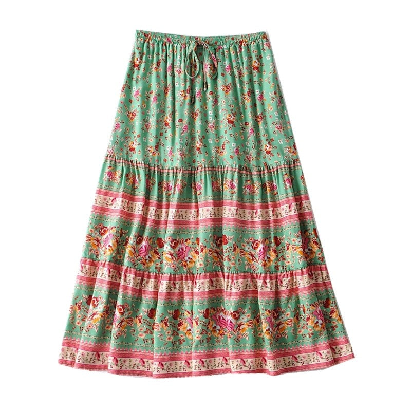 Bohemia Spliced Ruched Pleated Floral Print Women Skirt