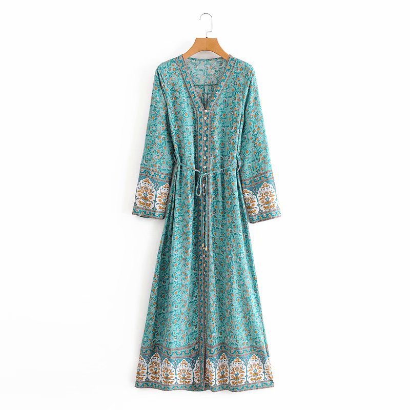 V-neck Long Flared Sleeves Dress Boho Hippie Chic Maxi Dress Vestidos